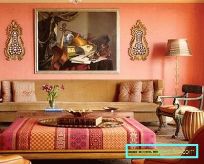 Kombinationen av färger i vardagsrummet - exempel på modetrender i bilden
